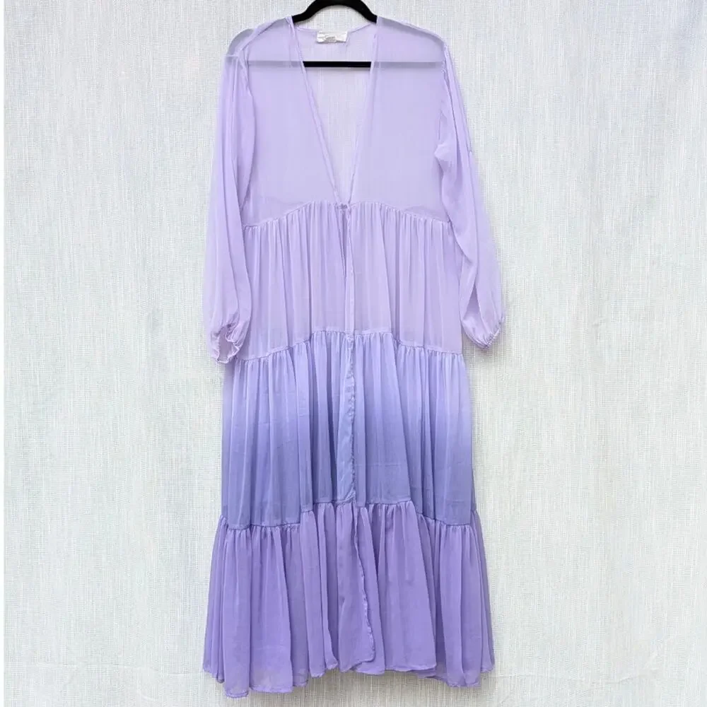 By Anthropologie Tiered Sheer Ombré Duster Womens One Size Purple Relaxed Coat - Picture 2 of 10